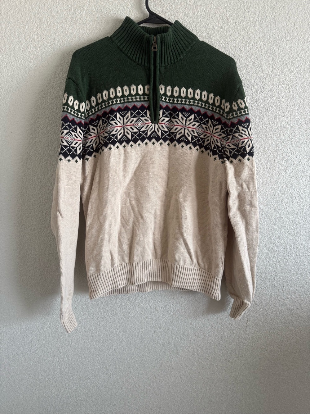Weatherproof Men's Zip-Up Fair Isle Sweater in Green and Cream